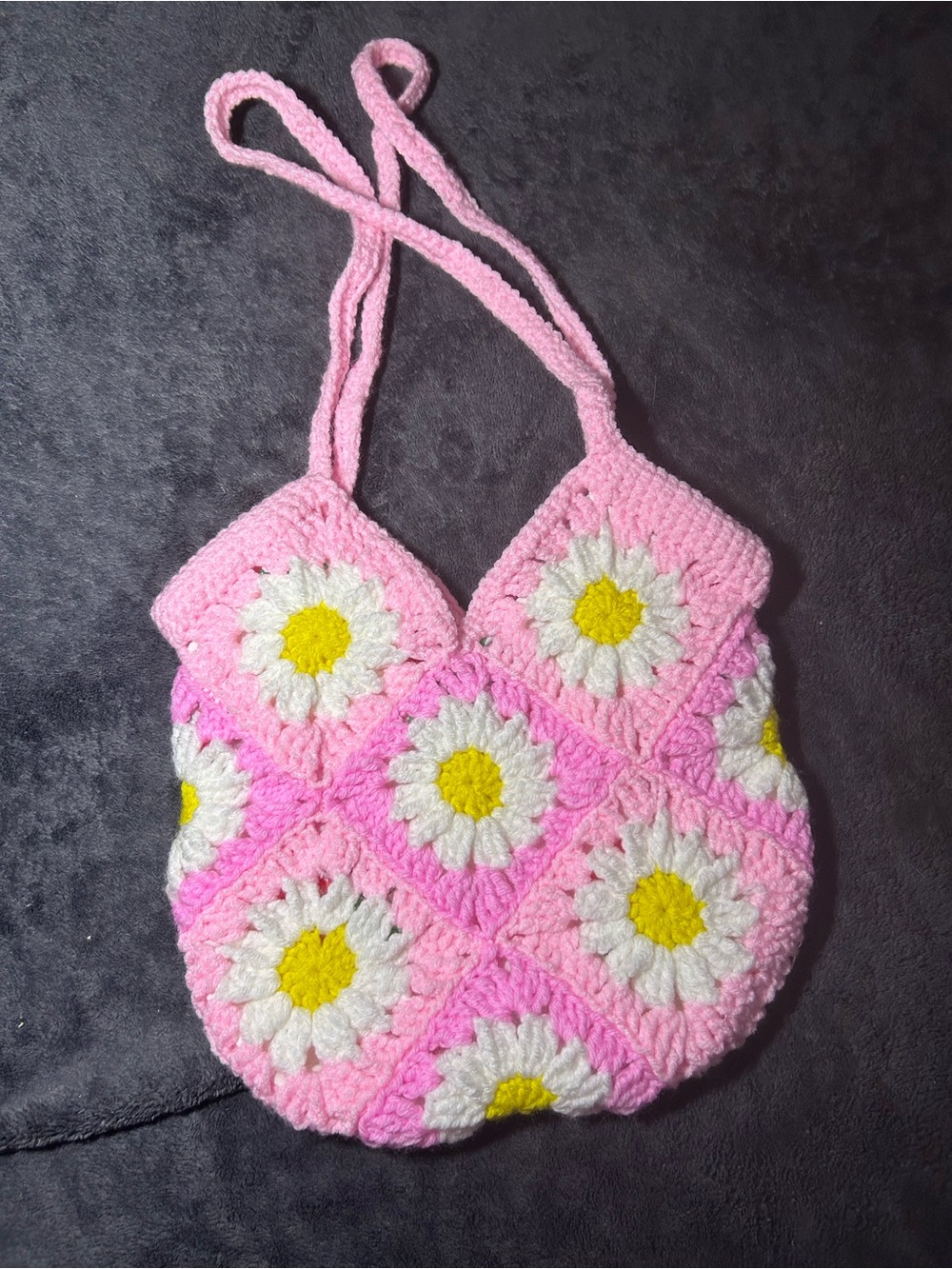 Handmade Pink Crochet Daisy Tote Bag